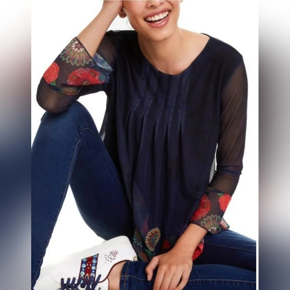 Desigual Rachel Blouse Blue size Large ptp 21" - Picture 3 of 10